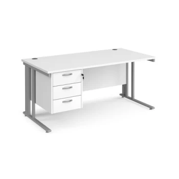 Office Desk Rectangular Desk 1600mm With Pedestal White Top With Silver Frame 800mm Depth Maestro 25 MCM16P3SWH