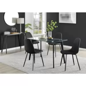 Furniturebox Malmo Rectangular Glass and Black Wooden Leg Modern Industrial Dining Table & 4 Black Corona Faux Leather Dining Chairs with Black Legs