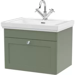 Nuie Classique Wall Hung 1-Drawer Vanity Unit with Basin 600mm Wide Satin Green - 1 Tap Hole