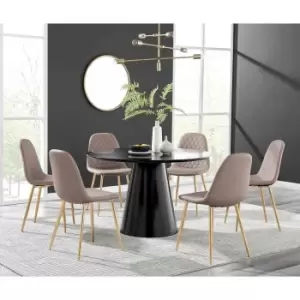 Furniture Box Palma Black Semi Gloss Round Dining Table and 6 Cappuccino Corona Gold Leg Chairs