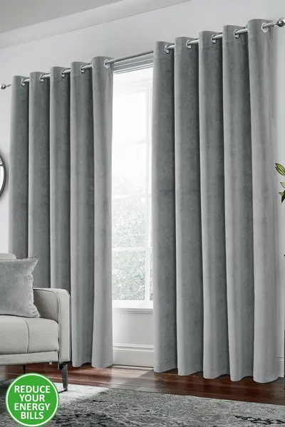 Enhanced Living Velvet, Supersoft, 100% Blackout, Thermal Pair of Curtains with Eyelet Top Grey