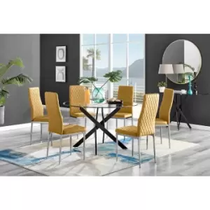 Furniture Box Novara Black Leg 120Cm Round Glass Dining Table and 6 Mustard Velvet Milan Chairs