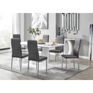 Furniturebox UK - Furniturebox Imperia 6 High Gloss White Modern Dining Table and 6 Grey Milan Faux Leather Dining Chairs With Silver Legs Diamond