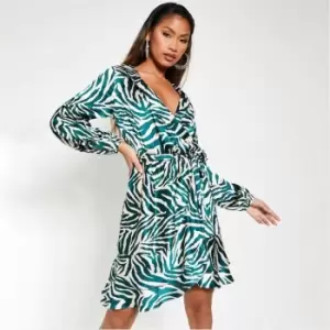 I Saw It First Zebra Print Satin Wrap Tea Dress - Green