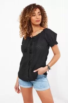 Short Sleeve Broderie Detail Pintuck Button Down Blouse