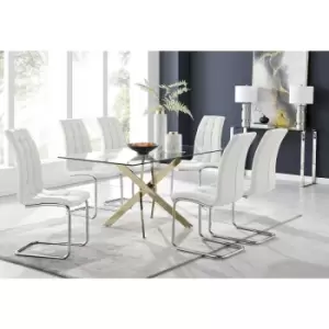 Furniturebox Leonardo 150cm Modern Glass And Gold Metal Dining Leg Table And 6 White Murano Faux Leather Silver Chrome Leg Dining Chairs