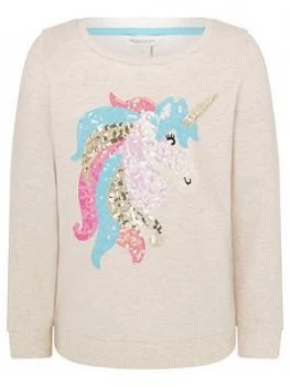 Monsoon Girls S.E.W. Sequin Unicorn Sweatshirt - Oatmeal, Size Age: 9-10 Years, Women