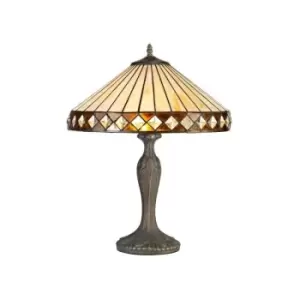 Luminosa Lighting - 2 Light Curved Table Lamp E27 With 40cm Tiffany Shade, Amber, Crystal, Aged Antique Brass