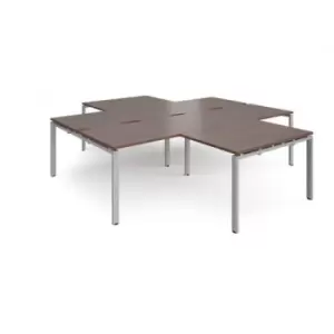 Bench Desk 4 Person With Return Desks 2800mm Walnut Tops With Silver Frames Adapt