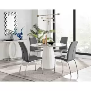 Furniture Box Palma White Marble Effect Round Dining Table and 4 Grey Isco Chairs