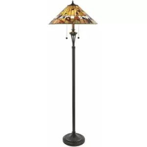 Loops - 1.5m Tiffany Twin Floor Lamp Dark Bronze & Floral Stained Glass Shade i00004