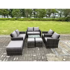 Fimous 6 Seater Outdoor Dark Grey Rattan Lounge Complete Sofa Set with Oblong Coffee Table, 2 Stools and Big Footstool