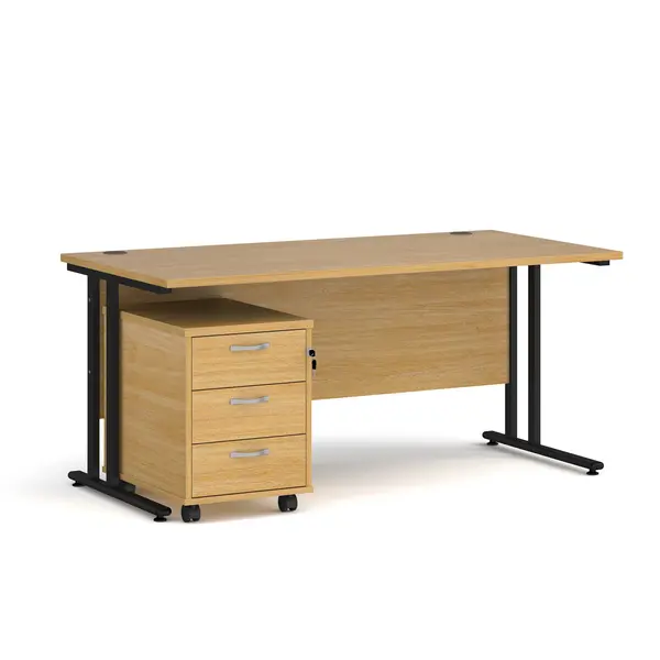 Maestro 25 Straight Desk Black Frame Oak Table Top and 3 Drawer Pedestal - 1600mm