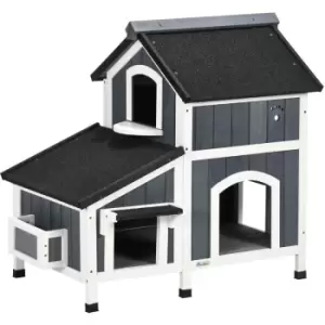 PawHut Wooden Outdoor Cat House w/ Flower Pot, Windows, Multiple Entrances - Grey