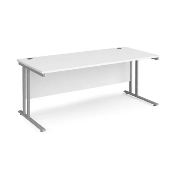 Office Desk 1800mm Rectangular Desk With Cantilever Leg White Tops With Silver Frames 800mm Depth Maestro 25