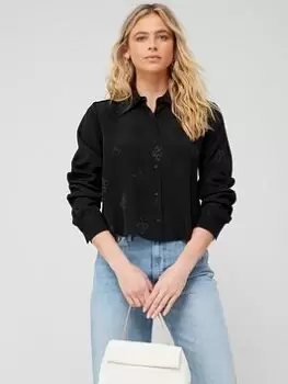 HUGO Satin All Over Logo Shirt - Black, Size 38, Women