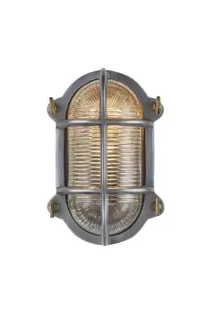 Bulkhead Outdoor & Bathroom Oval Light, 6 Inch, Gunmetal, Side Wiring, Ribbed Glass