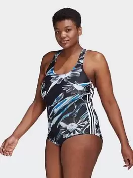 adidas Positivisea 3-Stripes Graphic Swimsuit (Plus Size), Black/White, Size 1X, Women