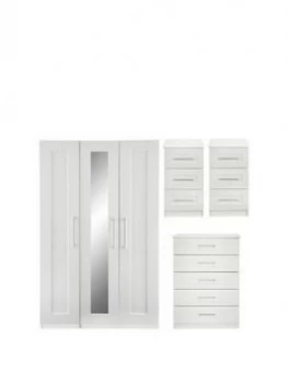 Frodsham Part Assembled 4 Piece Package - 3 Door Mirrored Wardrobe, 5 Drawer Chest And 2 Bedside Chests