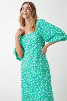 Green Floral Square Neck Midi Dress