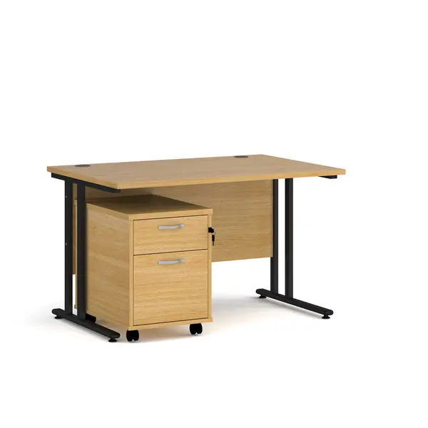 Maestro 25 Straight Desk with Black Cantilever Frame and 2 Drawer Pedestal - Oak - 1200mm x 800mm