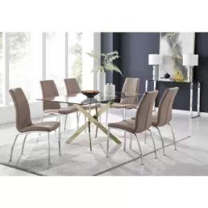 Furniturebox Leonardo 150cm Modern Glass And Gold Metal Dining Leg Table And 6 Cappuccino Beige Isco Faux Leather Silver Chrome Leg Dining Chairs