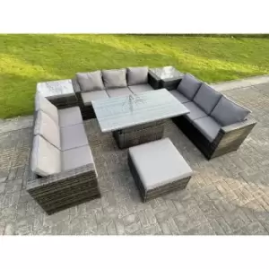 Fimous 9 Seater Outdoor Dark Grey Rattan Garden Dining Sofa Set with Adjustable Dining Table, 2 Side Coffee Tables and Big Footstool