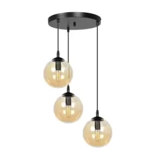 Cosmo Black Globe Cluster Pendant Ceiling Light with Amber Glass Shades, 3x E14