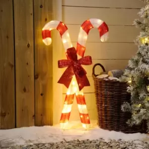 Festive 87cm Lit Twin Candy Canes With Bow 50 Warm White LEDs