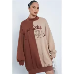 I Saw It First Brown Spliced Embroidered Alaska Oversized Sweater Dress - Brown