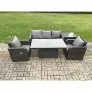 Fimous 5 Seater Outdoor Dark Grey PE Rattan Dining Sofa Complete Set with Adjustable Table and Side Table