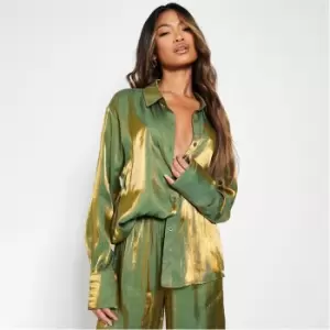 I Saw It First Iridescent Satin Oversized Shirt Co Ord - Green