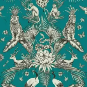 Menagerie Teal Tropical Jungle Animals Safari Plants Wallpaper - Belgravia