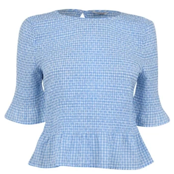 Jack Wills Plaxtol Gingham Shirred Peplum T-Shirt - Pale Blue