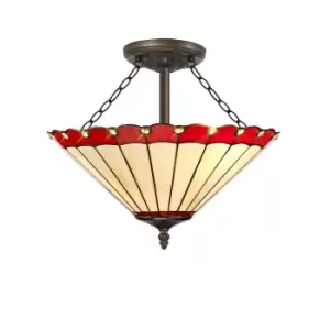 3 Light Semi Flush Ceiling E27 With 40cm Tiffany Shade, Red, Crystal, Aged Antique Brass