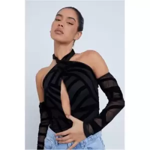 I Saw It First Black Flock Velvet Mesh Geometric Halterneck Cut Out Long Sleeve Bodysuit - Black