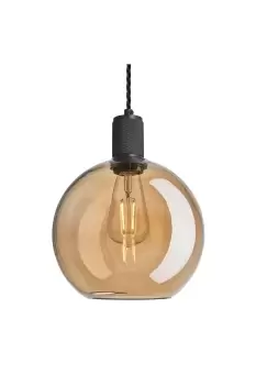 Knurled Tinted Glass Globe Pendant Light, 9 Inch, Amber, Black Holder