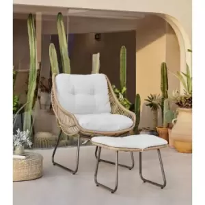 Furniturebox Tahiti Large Outdoor Brown PE Rattan Chair & Footstool Set with Light Grey Cushions For The Boho Garden Or Patio