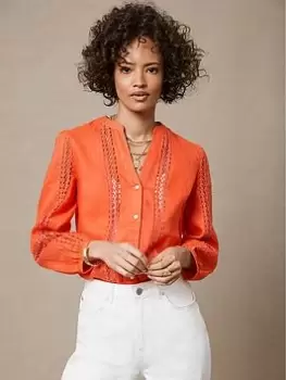 Mint Velvet Linen Lace Trim Insert Blouse, Orange, Size 10, Women