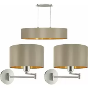 Linear Ceiling Pendant & 2x Matching Wall Lights Taupe Gold Dining Feature Lamp