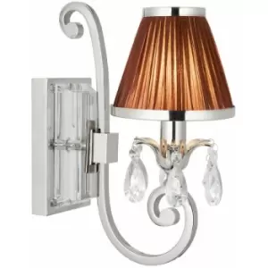 Loops - Esher Luxury Single Curved Arm Traditional Wall Light Nickel Crystal Brown Shade