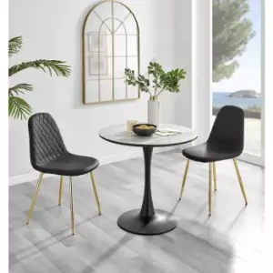 Furniturebox UK - Furniturebox Elina White Marble Effect Modern 80cm Round Dining Table & 2 Black Corona Faux Leather Dining Chairs with Gold Legs