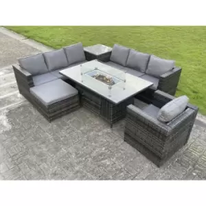 Fimous 7 Seater Outdoor Dark Grey Rattan Lounge Complete Sofa Set with Gas Fire Pit Table, Heater, Side Table and Big Footstool