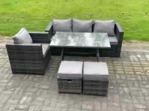 Fimous 4 Seater Outdoor Dark Grey Rattan Lounge Complete Sofa Set with Oblong Dining Table and 2 Stools