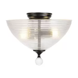 Luminosa Talisa 2 Light Semi Flush Ceiling Lamp E27 With Round 33.5cm Prismatic Effect Glass Shade Matt Black, Clear