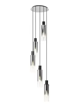 Round Pendant, 5 Light Adjustable E27, Black, Smoke Fade Glass