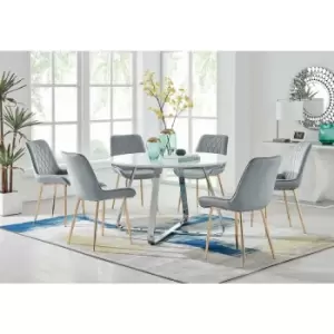 Santorini White Round Dining Table And 6 Grey Pesaro Gold Leg Chairs - Elephant Grey