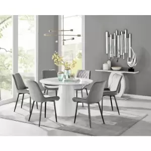 Furniturebox Palma White High Gloss 6 Seat Minimalist Post Modern Round Dining Table & 6 Grey Pesaro Black Leg Velvet Chairs