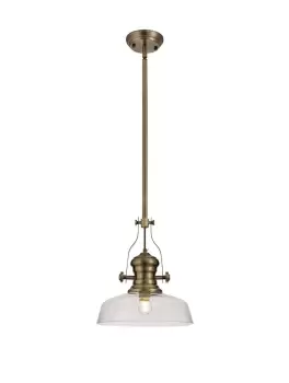 Telescopic Dome Ceiling Pendant E27 With 30cm Flat Round Glass Shade, Antique Brass, Clear