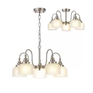 DeRuyter Semi Flush, Ceiling Pendant, 5 Light E27, Satin Nickel, Frosted Glass